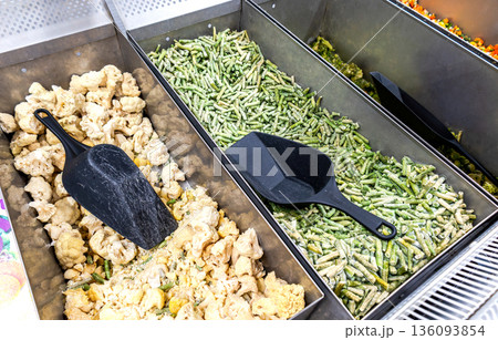 Frozen vegetables are sold at the grocery store. A good natural product for fast cooking delicious food Frozen vegetables are sold at the grocery store. A good natural product for fast cooking delicious food 136093854