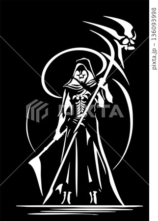 Black graphic silhouette of the reaper of death, badge, logo, tattoo 136093998