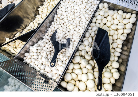 Frozen semi-finished products in a grocery store. A good natural product for fast cooking delicious food Frozen semi-finished products in a grocery store. A good natural product for fast cooking delicious food 136094051