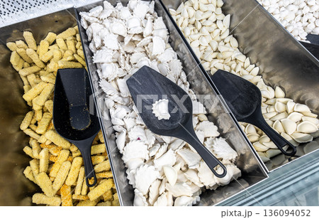 Frozen semi-finished products in a grocery store. A good natural product for fast cooking delicious food Frozen semi-finished products in a grocery store. A good natural product for fast cooking delicious food 136094052