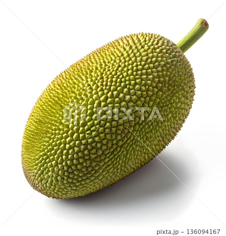 Fresh Green Jackfruit on White Background, Ripe, Textured Fruit for Food Photography, Healthy, Vegan 136094167