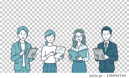 書類とタブレットを持つビジネスチーム　提案・確認・業務対応イラストセット 136094194