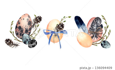 A set of watercolor Easter egg arrangements with feathers, bows, and spring sprouts. All objects are hand-painted in watercolor for an Easter greeting card or holiday decoration. 136094409