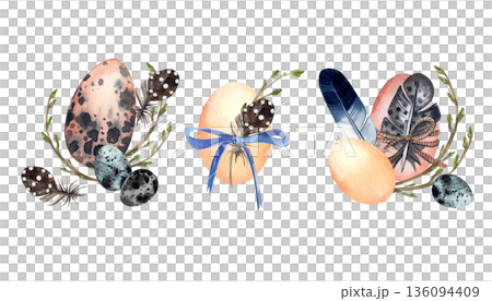 A set of watercolor Easter egg arrangements with feathers, bows, and spring sprouts. All objects are hand-painted in watercolor for an Easter greeting card or holiday decoration. 136094409