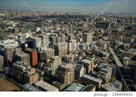 東京江戸川区の船堀タワーホールからの眺め、東京江戸川区の眺め、密集した東京の住宅地、青空の下の大都会 136094832