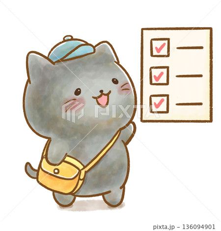 忘れ物を確認する黒猫の水彩イラスト。背景透過・白バック。登園準備や忘れ物防止の案内に。 忘れ物を確認する黒猫の水彩イラスト。背景透過・白バック。登園準備や忘れ物防止の案内に。 136094901