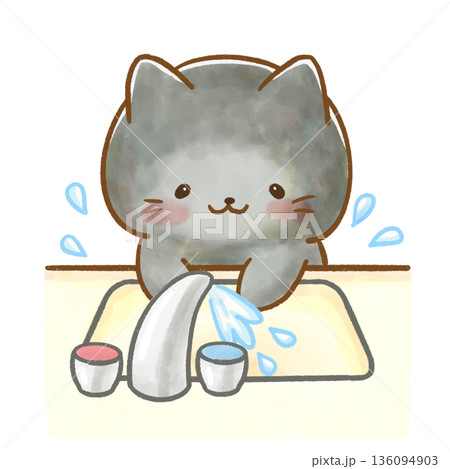 水彩 黒猫の園生活イラスト 手洗いするねこ(感染予防) 水彩 黒猫の園生活イラスト 手洗いするねこ(感染予防) 136094903