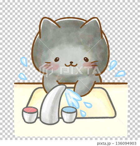 水彩 黒猫の園生活イラスト 手洗いするねこ(感染予防) 水彩 黒猫の園生活イラスト 手洗いするねこ(感染予防) 136094903