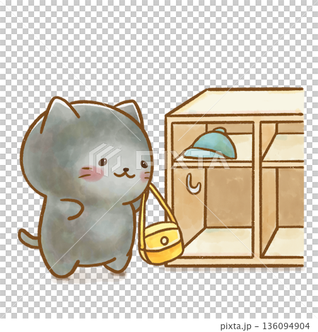 A black cat putting his bag away in his locker. Transparent background with a white background. Perfect for teaching children how to get ready and tidy up after going to kindergarten. 136094904