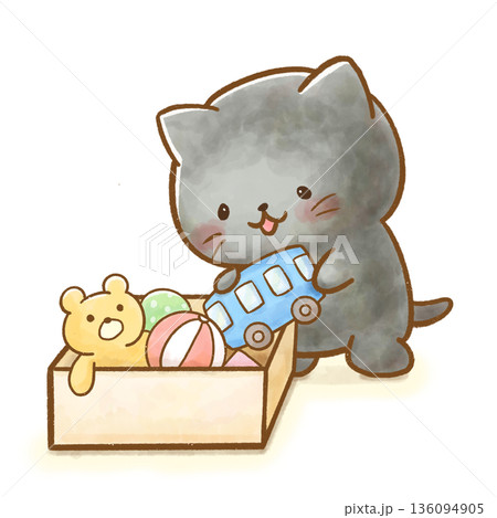 水彩 黒猫の園生活イラスト おもちゃを片付けるねこ 水彩 黒猫の園生活イラスト おもちゃを片付けるねこ 136094905