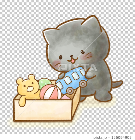 水彩 黒猫の園生活イラスト おもちゃを片付けるねこ 水彩 黒猫の園生活イラスト おもちゃを片付けるねこ 136094905