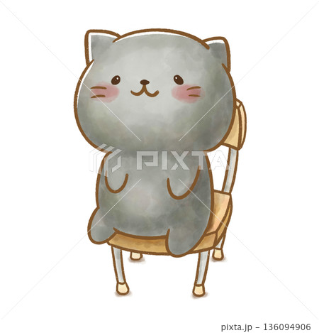 椅子に座り静かに話を聞く黒猫の水彩イラスト。背景透過・白バック。園生活、お話、集中、マナーの案内に。 136094906