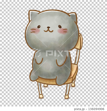 椅子に座り静かに話を聞く黒猫の水彩イラスト。背景透過・白バック。園生活、お話、集中、マナーの案内に。 136094906