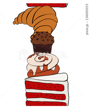 Bakery Pattern. Background with Baking Products and Utensils. vertical seamless border. hand drawn illustration. Vector graphic line ink colored art. For logo, web, package, sticker. Bakery Pattern. Background with Baking Products and Utensils. vertical seamless border. hand drawn illustration. Vector graphic line ink colored art. For logo, web, package, sticker. 136095053