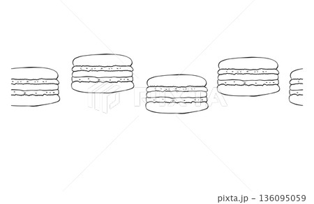 Horizontal seamless border with colorful macarons hand drawn illustration. Vector graphic line ink Black, white art. design for fashion graphics, textile prints, fabrics, wallpapers. 136095059