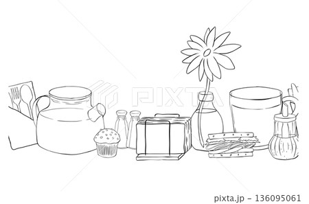 cafe interior horizontal seamless border. hand drawn illustration. Vector graphic line ink Black, white art. for cafe and restaurant interiors, menus, packaging, and product branding. cafe interior horizontal seamless border. hand drawn illustration. Vector graphic line ink Black, white art. for cafe and restaurant interiors, menus, packaging, and product branding. 136095061