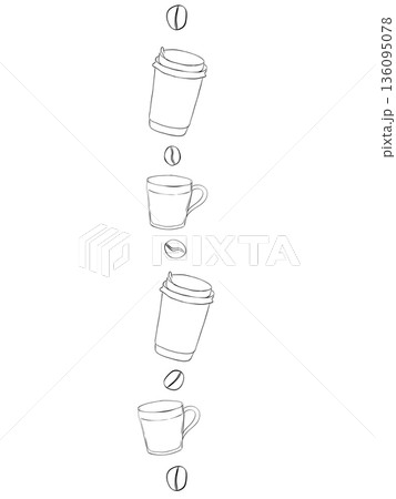 Coffee takeaway, mug, beans vertical seamless border. hand drawn illustration. Vector graphic line ink Black, white art. pattern. for cafe menu, shop For logo, web, package, sticker. 136095078