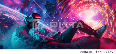 Woman exploring virtual reality space experience at home 136095125