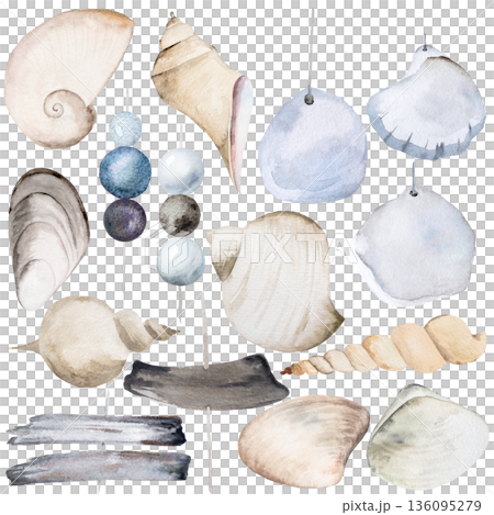 Watercolor coastal set in beige and grey. Seashells, beads and driftwood shapes, wedding design 136095279