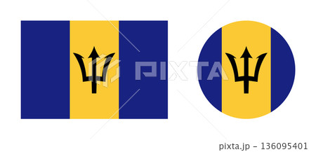 Barbados round, rectangular flags set. Barbados national symbol, icon. Black Trident. Circle, rectangle sticker, badge.  136095401