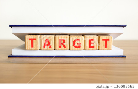 Target word symbol. Concept word Target on beautiful wooden blocks in beautiful book. Beautiful wooden table white background. Business target word concept. Copy space. Target word symbol. Concept word Target on beautiful wooden blocks in beautiful book. Beautiful wooden table white background. Business target word concept. Copy space. 136095563