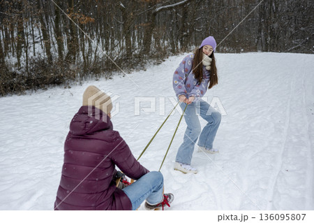 Family enjoying sledding in nature, pulling n sled through winter landscape. 136095807