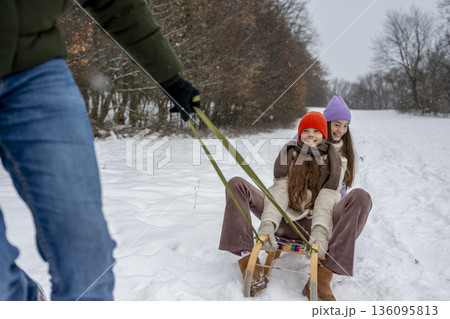 Father pulling daughters on sled through winter landscape. Father pulling daughters on sled through winter landscape. 136095813