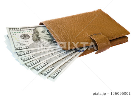 Leather wallet with hundred dollar banknotes Leather wallet with hundred dollar banknotes 136096001