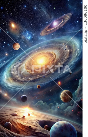 A Starry Night Sky With a Distant Galaxy and Planets. Generative AI A Starry Night Sky With a Distant Galaxy and Planets. Generative AI 136096100