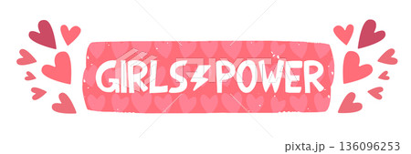 Girls Power horizontal banner with pink hearts and lightning bolt, female empowerment and International Women s Day greeting card frame isolated on white. 136096253