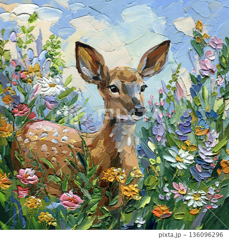 Baby deer in wildflower meadow impasto oil painting fawn portrait in spring field with colorful flowers 136096296