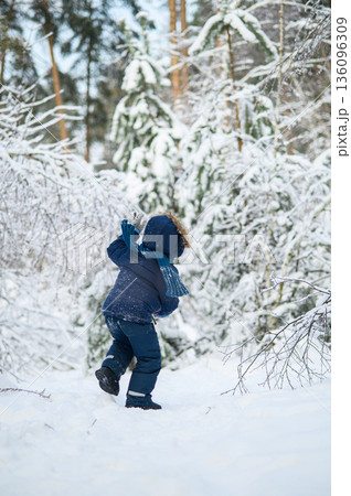 Little boy walking and playing in snowy winter forest. Natural childhood, winter season, outdoor lifestyle, family leisure, exploration and connection with nature. 136096309