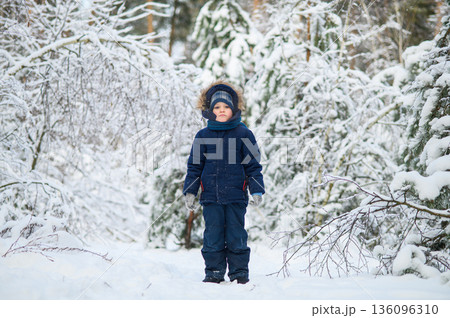 Little boy walking and playing in snowy winter forest. Natural childhood, winter season, outdoor lifestyle, family leisure, exploration and connection with nature. 136096310
