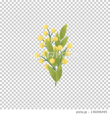 A small bouquet with yellow spring flowers, with twigs, leaves, green blades of grass. Handmade cartoon illustration in flat style. Watercolor, pastel 136096495