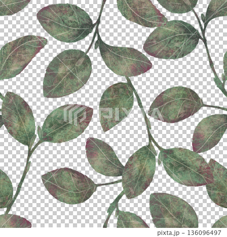 Plant branches, leaves, seamless pattern in muted tones of green, brown. Simple flat style hand drawn. Watercolor, pastel, pencil. For product design Plant branches, leaves, seamless pattern in muted tones of green, brown. Simple flat style hand drawn. Watercolor, pastel, pencil. For product design 136096497
