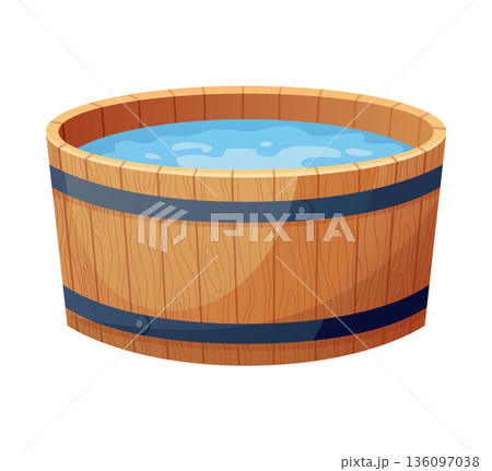 Wooden bath. Wood tub, cartoon rustic water bath barrel for public sauna traditional banya or onsen japanese hot spring, wellness relaxing bathtub basin neat vector illustration of tub bath wooden Wooden bath. Wood tub, cartoon rustic water bath barrel for public sauna traditional banya or onsen japanese hot spring, wellness relaxing bathtub basin neat vector illustration of tub bath wooden 136097038