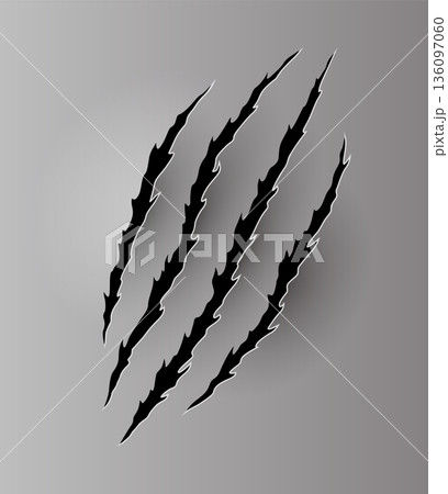 Bear or tiger claw mark. Scratches and torn traces of vector animal paw slashes. Hole in sheet of paper with torn edges. Vector illustration 136097060