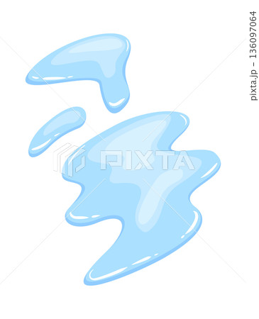 Water spill puddle. Blue liquid shape in flat cartoon style. Clean fluid drop design element isolated on white background Water spill puddle. Blue liquid shape in flat cartoon style. Clean fluid drop design element isolated on white background 136097064