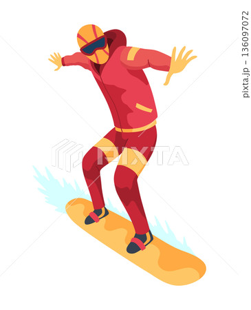 Man on mountain ski resort. Winter web banner design element. Sport on vacations or winter activity. Sports descent on snowboard in mountains hills. Vector cartoon illustration Man on mountain ski resort. Winter web banner design element. Sport on vacations or winter activity. Sports descent on snowboard in mountains hills. Vector cartoon illustration 136097072