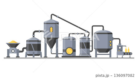Brewery. Vintage brewing machine concept with tubes and copper tanks. Beer making process equipment, machinery symbol suitable for game asset, infographic or book print. Isolated vector illustration Brewery. Vintage brewing machine concept with tubes and copper tanks. Beer making process equipment, machinery symbol suitable for game asset, infographic or book print. Isolated vector illustration 136097082