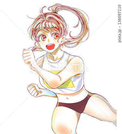陸上のユニフォームを着て走る笑顔の女の子 汗なし 陸上のユニフォームを着て走る笑顔の女の子 汗なし 136097110
