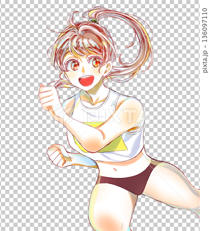 陸上のユニフォームを着て走る笑顔の女の子 汗なし 陸上のユニフォームを着て走る笑顔の女の子 汗なし 136097110