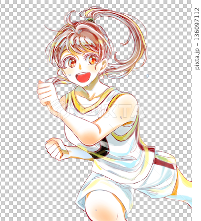 バスケットのユニフォームを着て走る笑顔の女の子　汗あり 136097112