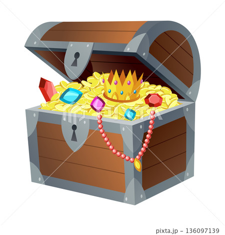 Treasure gold coins. Chest full of shiny royal gold and gemstones. Gold treasure, shiny savings, golden coins isolated on white background. Vector cartoon icon Treasure gold coins. Chest full of shiny royal gold and gemstones. Gold treasure, shiny savings, golden coins isolated on white background. Vector cartoon icon 136097139