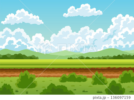 Agriculture farming landscape. Countryside land. Plowing the field on rural landscape background. Farm life, soil cultivation. Vector cartoon illustration Agriculture farming landscape. Countryside land. Plowing the field on rural landscape background. Farm life, soil cultivation. Vector cartoon illustration 136097159