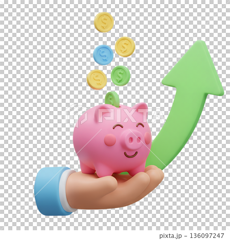 3d illustration of a piggy bank with a rising arrow graph, symbolizing financial growth, smart savings, and investment success 136097247