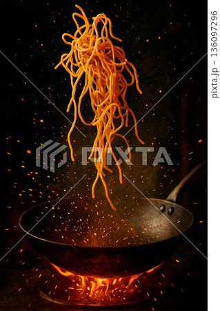 中華鍋から宙に浮く熱々の焼きそば麺 136097296