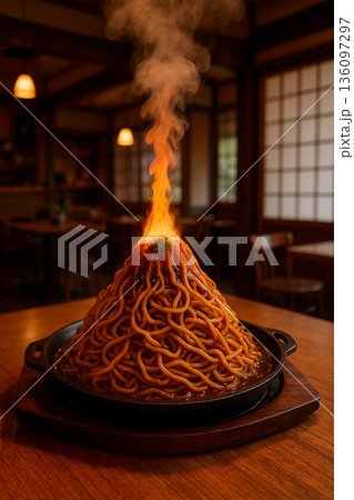 火山のように高く盛り付けられ炎が上がる熱々の焼きそば 136097297