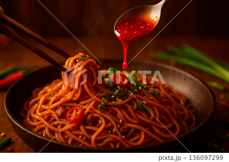 辛味ソースをかける熱々の激辛焼きそば 136097299