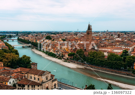 Verona cityscape from Castel San Pietro with the Adige River flowing through. 136097322